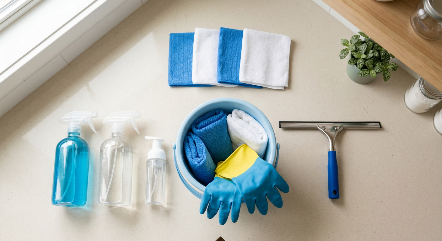 A neatly arranged professional cleaning kit with cloths, spray bottles and a squeegee